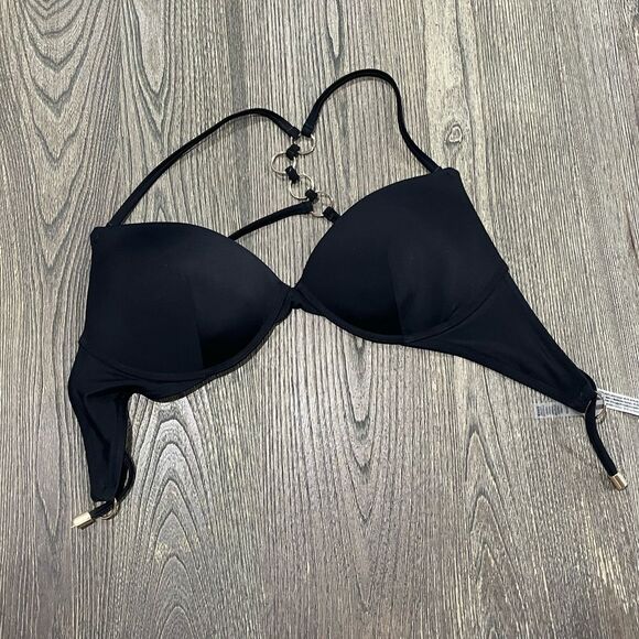 NWOT Victoria’s Secret Chain Strap Bikini Top Push-Up Halter Neck Black Size 36C - Picture 1 of 5